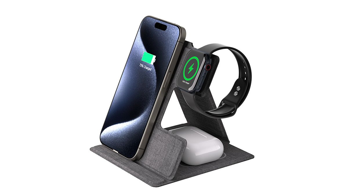 Wireless charger in use with smartphone, AirPods, and Apple Watch demonstrating multi-device charging capability - DDB Studio.jpg